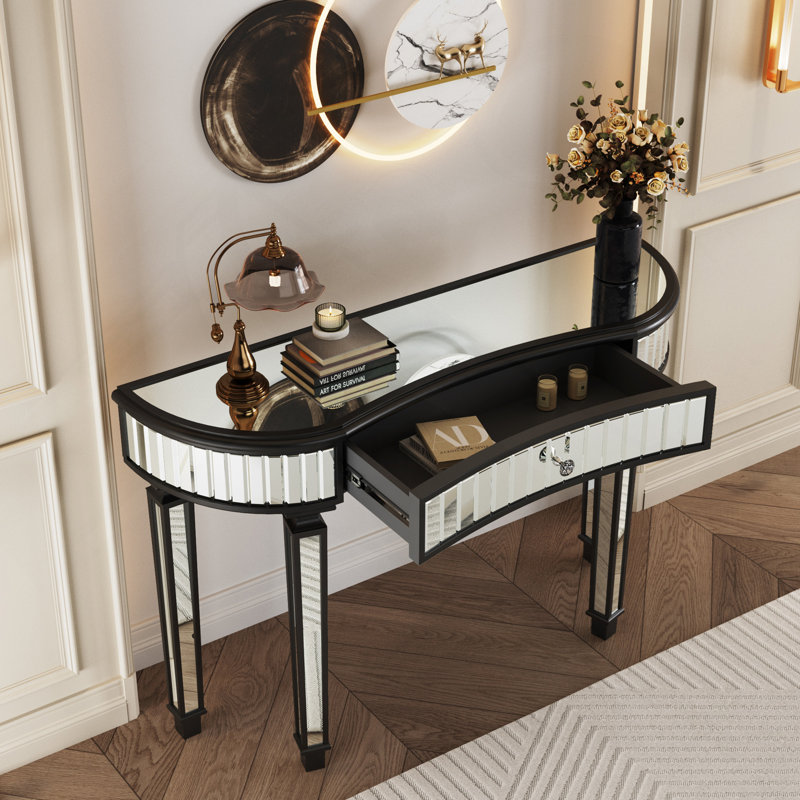47" Half-Moon Mirrored Console Table with Fluted Glass & Crystal Knob Drawer - Silver Entryway Vanity Desk for Bedroom/Dressing Room(Black+Sliver)