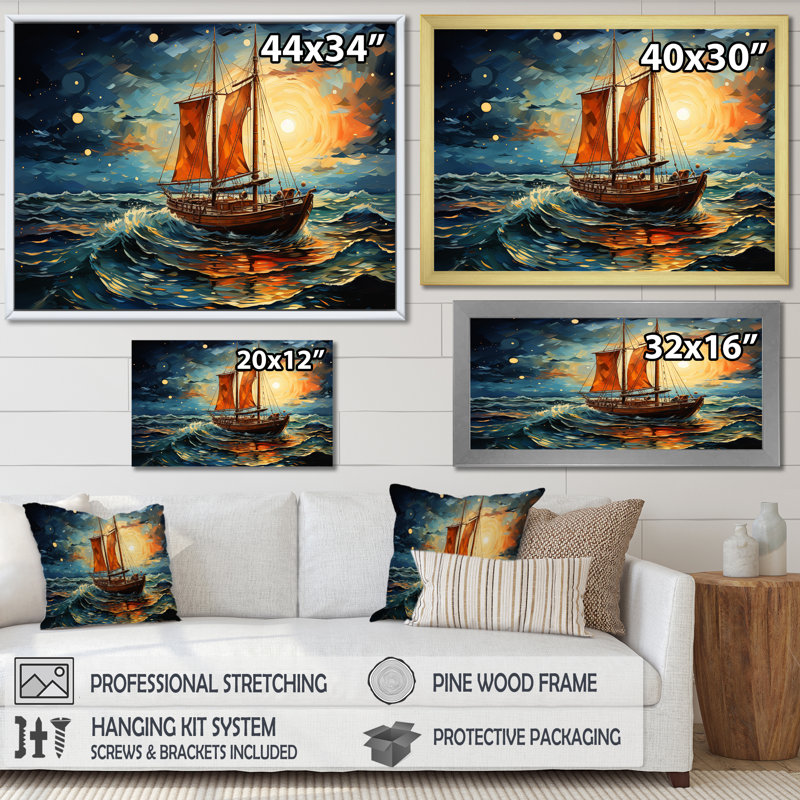 Moonlight Saiboat Horizon II - Bateau, art mural, Toile tendue, H 30 po x l 40 po x P 1,5 po