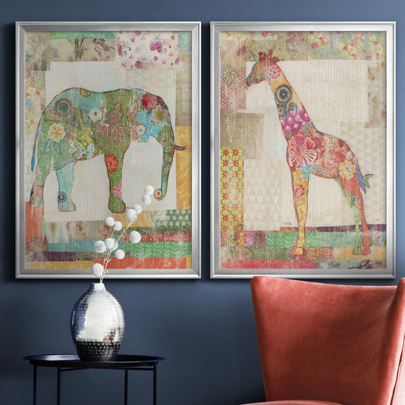 «Elephant Montage», ensemble de 2 impressions, Pas de tapis, Toile encadrée argentée, H 18,5 po x l 49 po x P 1,5 po