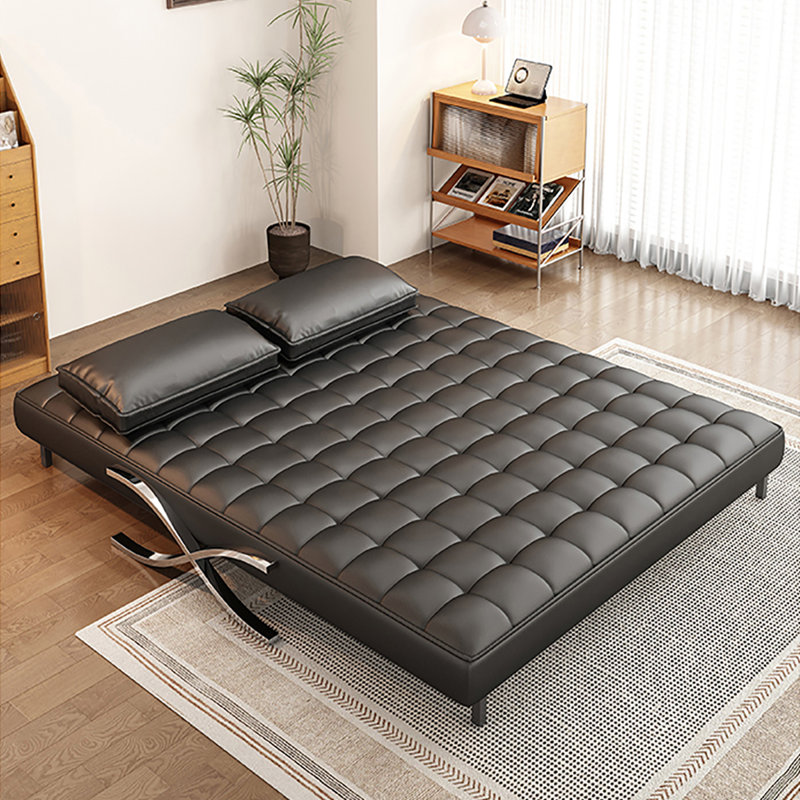 Canapé-lit noir en cuir noir avec coussins, H 32,28 po x l 61,42 po x P 31,5 po
