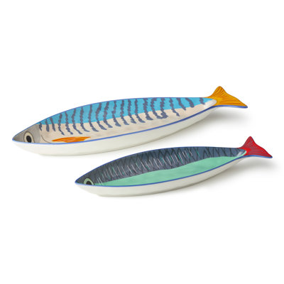 Ensemble de plateaux de poissons en porcelaine à 3 dimensions Quelque chose de poisson, 2 plateaux de service sculptés de style bord de mer aux rayures audacieuses, idéaux pour les hors-d'œuvre, les tartinades de fruits de mer, les repas d'été, les réceptions sur la plage