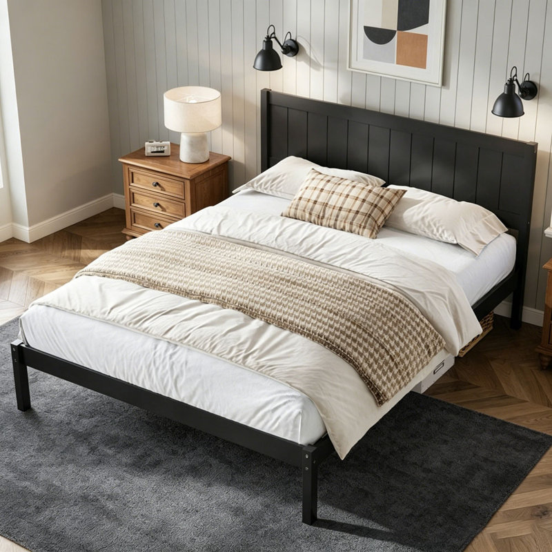 Base de lit plateforme avec tête de lit, support à lattes de bois, aucun sommier nécessaire, Espresso