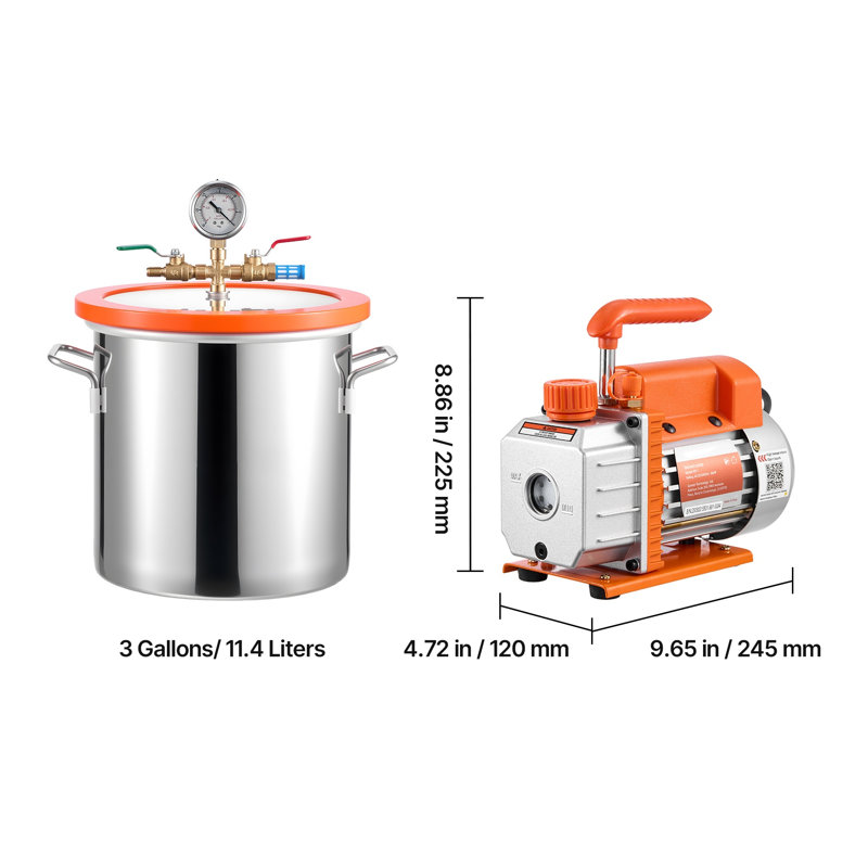 3 Gallon Vacuum Chamber Kit with 3.5 CFM Single-Stage Pump, Stainless Steel Degassing Tank with Tempered Glass Lid for Wood Stabilizing and Resin Casting