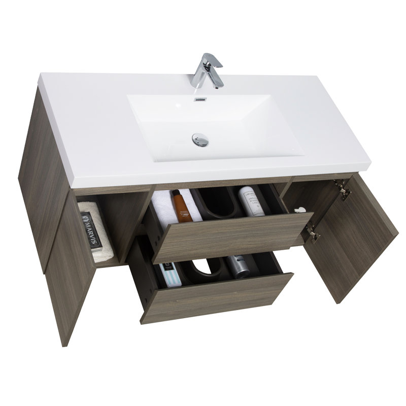 Armoire de salle de bain flottante murale moderne entièrement assemblée de 48 po avec lavabo à surface solide et tiroirs à fermeture en douceur avec lavabo