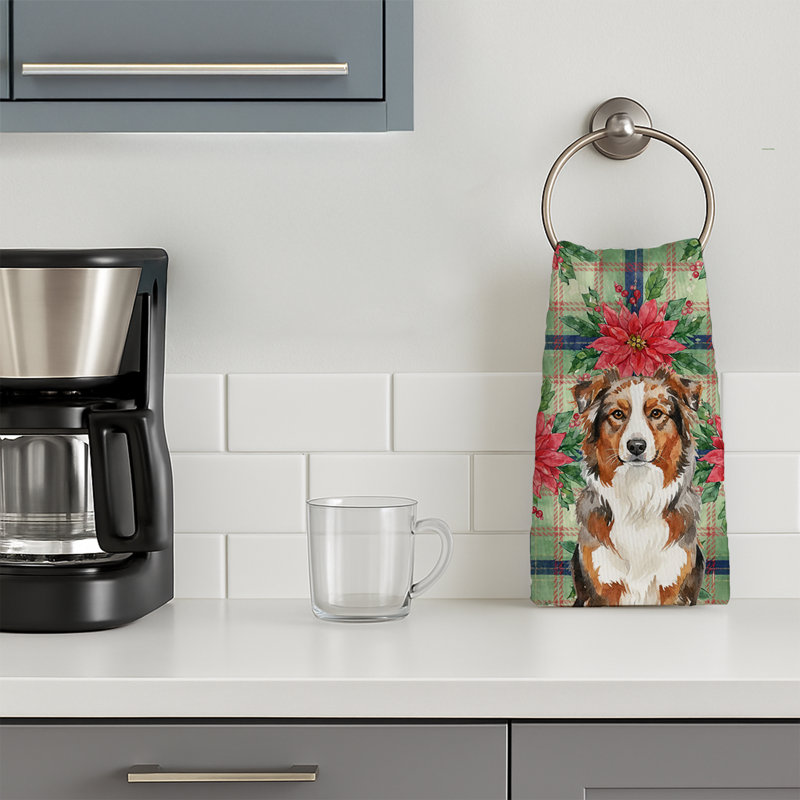 Red Merle Australian Shepherd Christmas PoinsettIas Kitchen Towel, Red Merle Australian Shepherd
