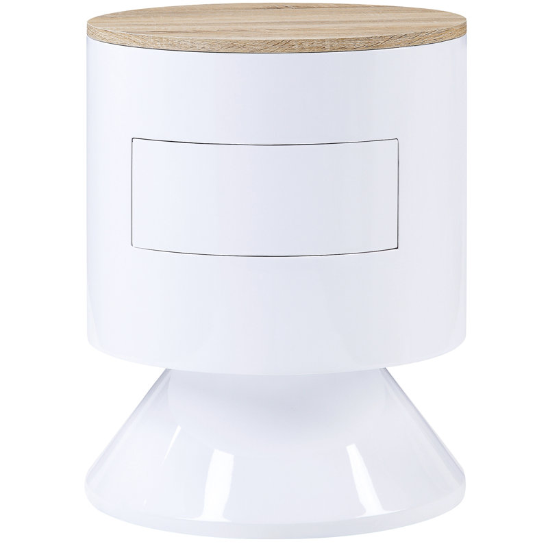 Table de chevet blanche brillante pour chambre à coucher - Tambour de rangement compact avec 1 accessoire