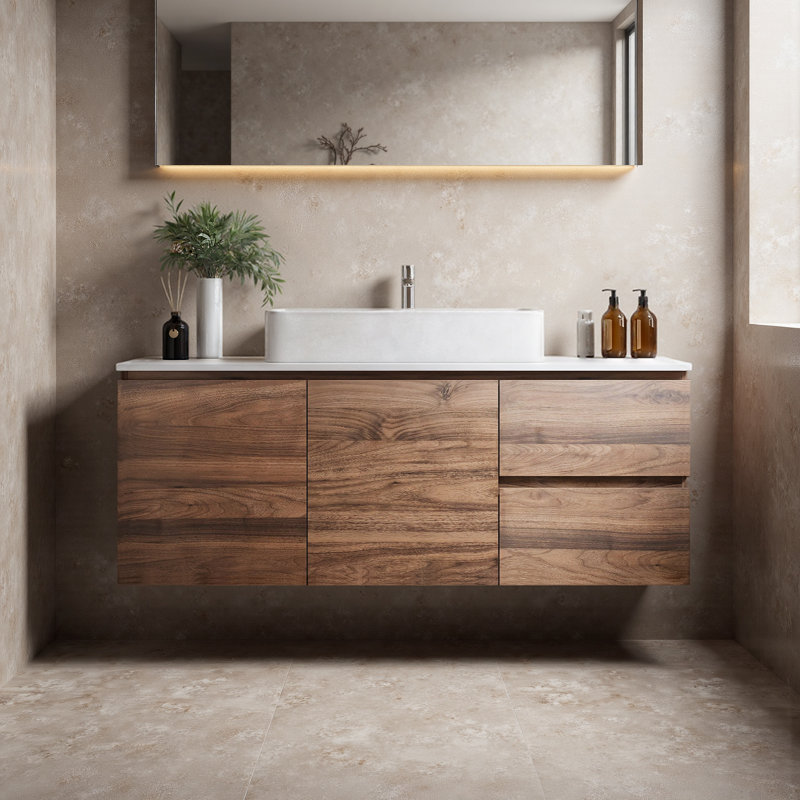 Ensemble de meuble-lavabo mural simple en noyer de 48 po avec plateau en pierre frittée, 2 portes et 2 tiroirs 48 po Modern