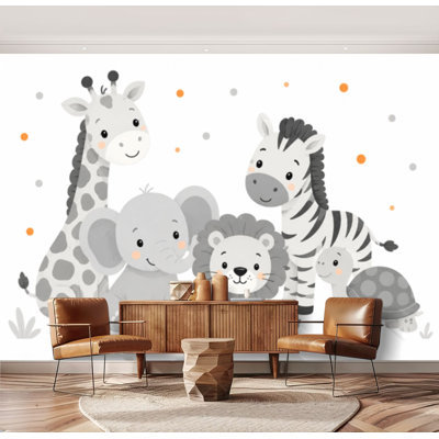 Ensemble de papiers peints auto-adhésifs animaux, griffonnages, éléphants, girafes, tortues de lion, zèbres, papier autocollant amovible pour décoration de salon, H 69 po x l 96 po