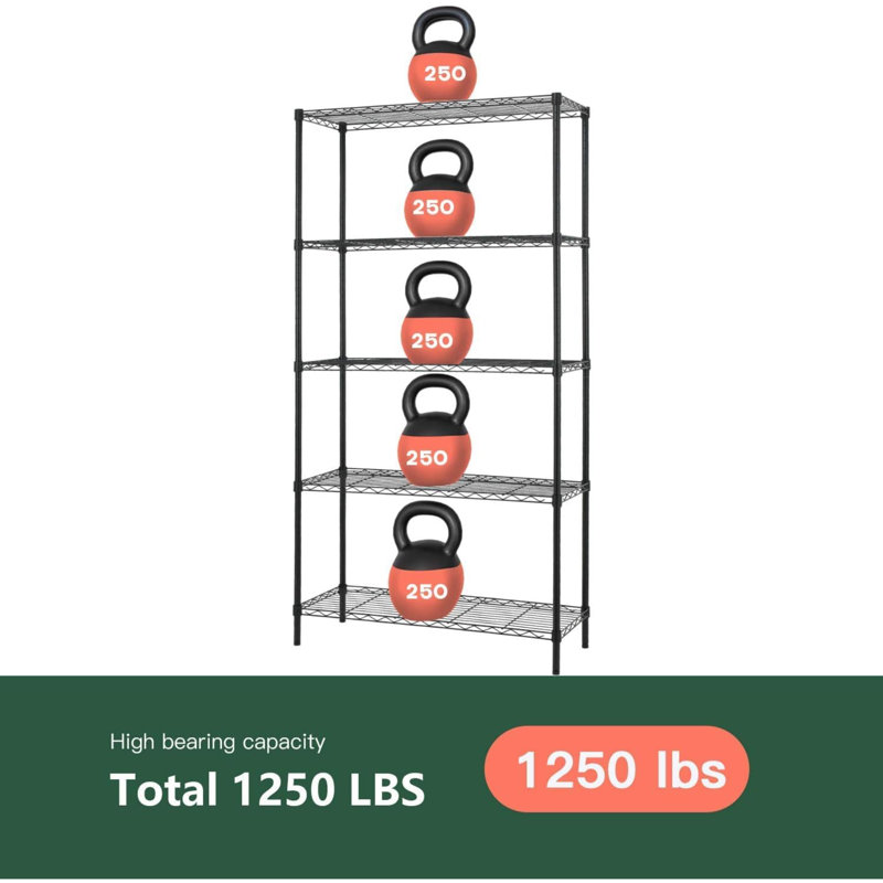 Étagère commerciale en métal de 14 po x l 36 po x H 72 po avec support réglable à 5 niveaux en acier robuste pour le garage et le restaurant