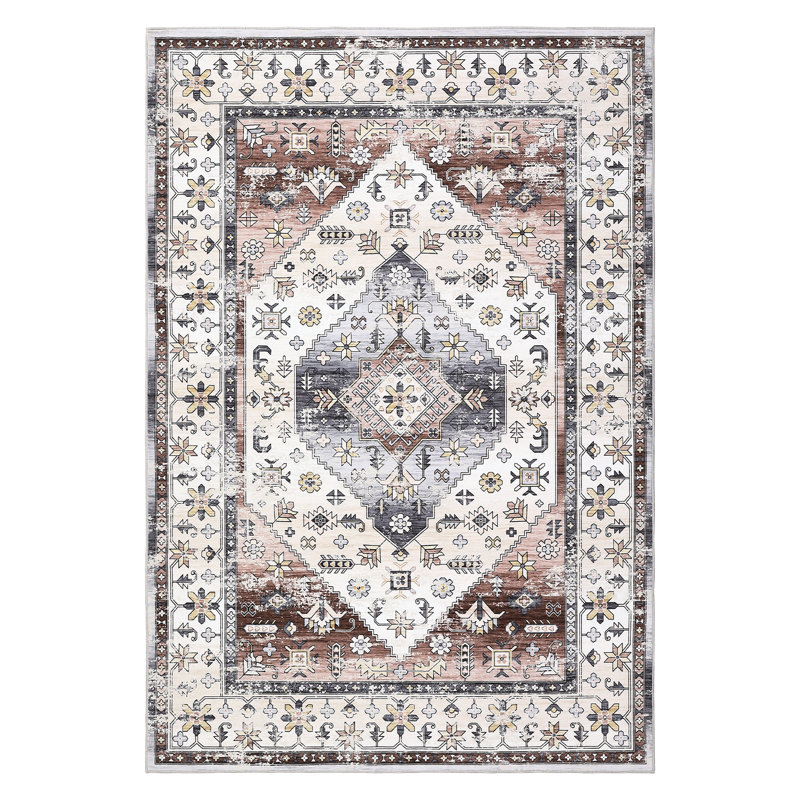 Oriental Machine Washable Area Rug with Rubber Backing for Living Room Non-Slip Indoor Carpet Low-Pile Rug for Bedroom Dining Room Hallway Kitchen Office Playroom Nursery