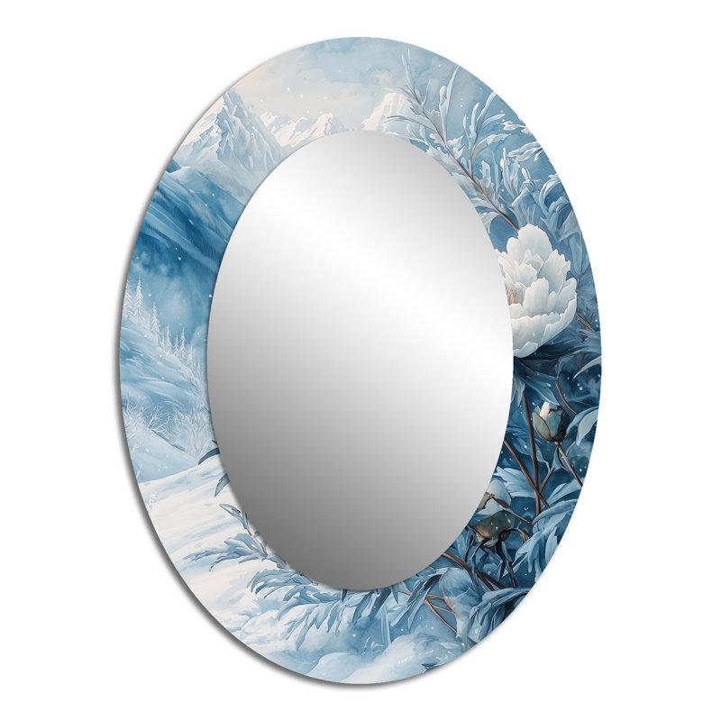 Neige pivoines dans un paysage d'hiver III - Miroir mural traditionnel ovale, 40 po x 30 po