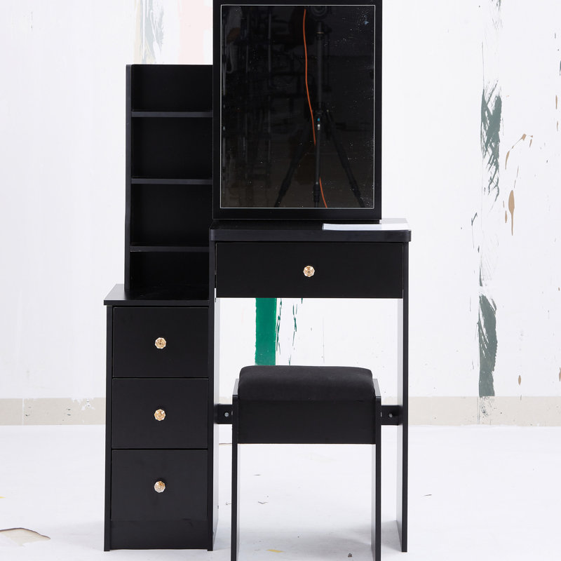Black Vanity For Restricted Areas With Cushioned Stool, Large Sliding Mirror, Multi-layer Storage Options Cabinet Stool & Small Bedrooms, Black, , , Ul Listed Design