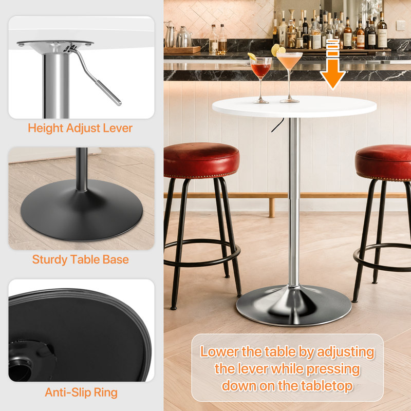 Bistro Pub Table Round Adjustable Height Bar Cocktail Table Swivel Dining Table with Chrome Base, White