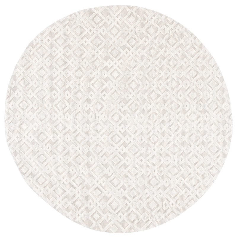 Vermont Hand Woven Wool/Cotton Geometric Rug in Ivory, Round 4'