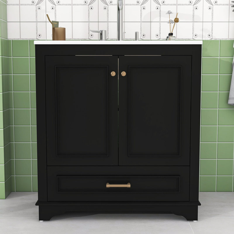 Meuble-lavabo de salle de bain avec lavabo, tiroir de rangement et 2 portes à fermeture douce, Noir
