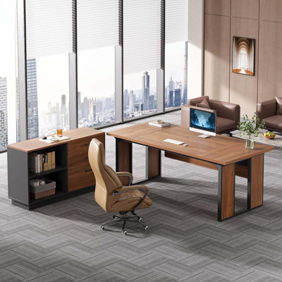 63-Inch L-Shaped Executive Desk With 47-Inch File Cabinet, Modern Office Computer Desk With Drawers & Open Storage Shelves, Business Workstation Furniture For Home Office