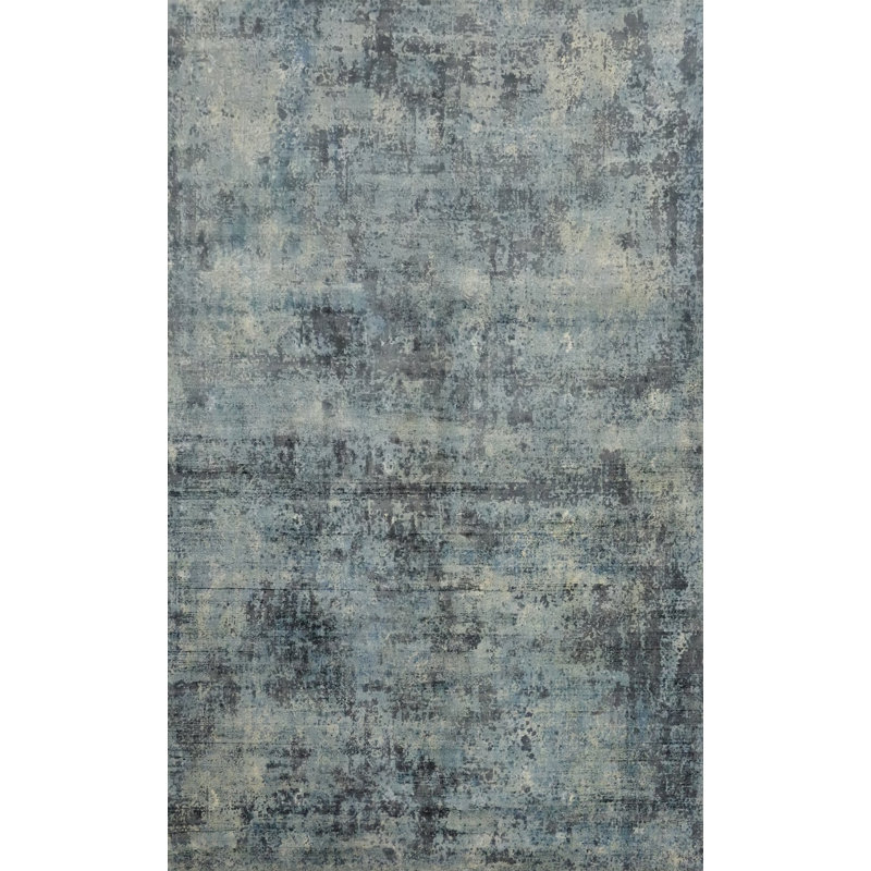 Tapis abstrait délavé 5 x 8 aux tons bleus et texture