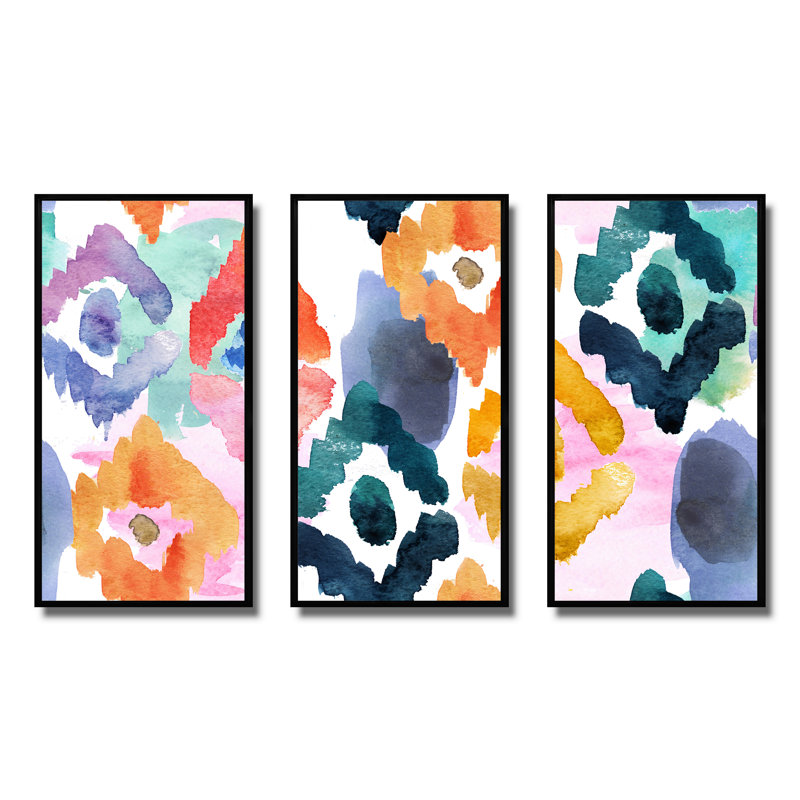 Ornement orange, bleu et vert - ensemble d'art mural moderne sur toile encadrée moderne de 3, Cadre noir