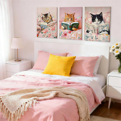 3-Piece Cute Cat Reading Canvas Wall Art Set - Whimsical Animal Paintings, Fun Cat Decor for Bedroom, Reading Nook, Kids Room - Framed (Black/White or Wood) and Unframed Options - Multiple Sizes 8x10 to 24x32 Inches