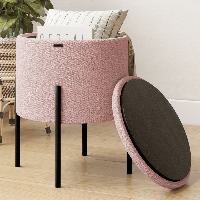 Modern Round Boucle Ottoman With Storage, Pink