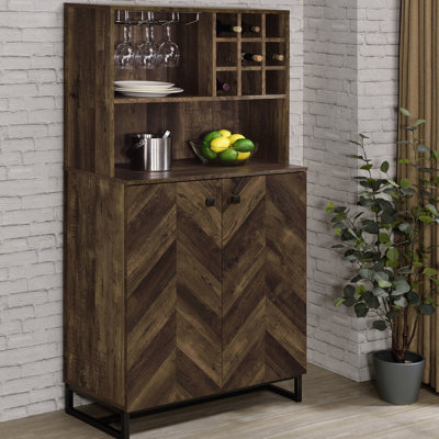 Modern 2-Doors Wine Cabinet With Vintage Elements, Rustic Oak Finish, Herringbone Front, Rack, And Stemware For Dining Room Transitional Style Cabinet, Bottle Storage, Gunmetal Hardware