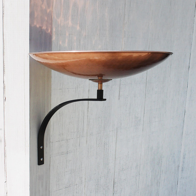 Polished Copper Wall-Mounted Birdbath with Black Iron Bracket