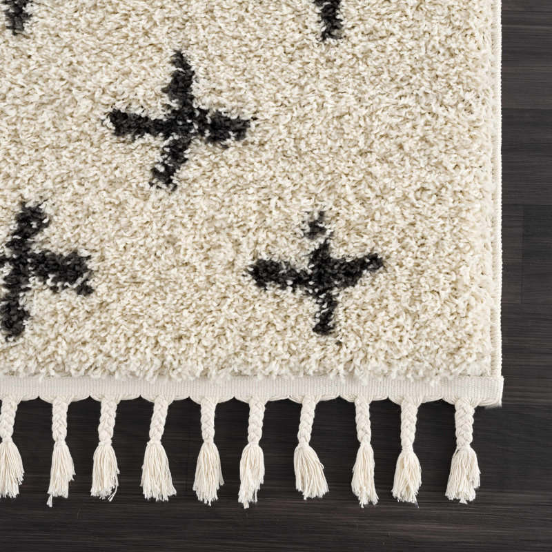 Tapis beige / noir à poils longs Adeewa, Tapis de couloir 2 pi 7 po x 7 pi 3 po