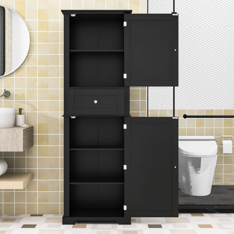 Luxurious Wood Bathroom Storage Cabinet with Adjustable Shelves, Black, 67.5" H x 11.5" W x 22.5" D