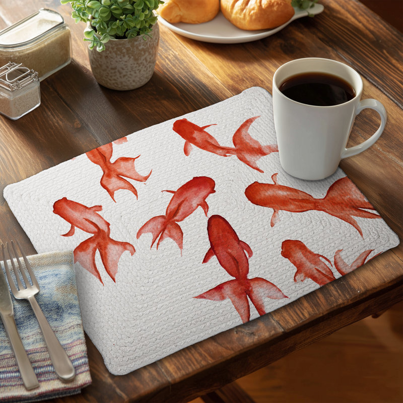 Ensemble de 4 napperons en polyester tressé Red Fishes | Décoration intérieure