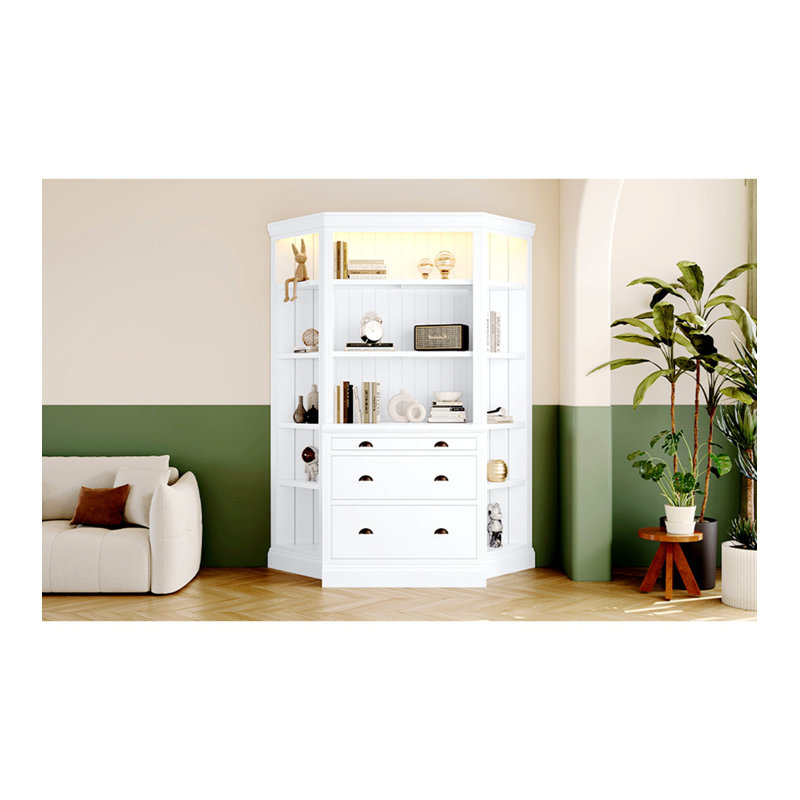 White Adjustable Corner Wood Bookcase Suite with LED Lighting