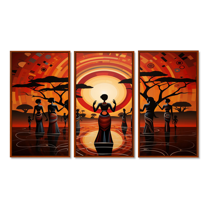 Sacred Full Moon Tribal Celebration - ensemble de salon art mural africain, Cadre flottant brun, H 32 po x l 48 po x P 1 po