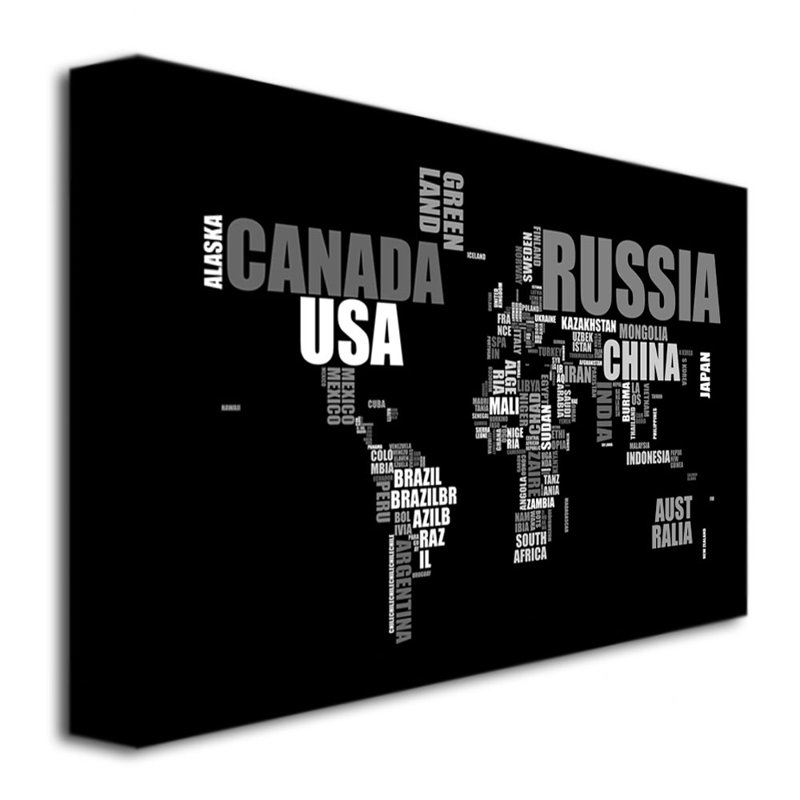 « world text map » par michael tompsett, impression sur toile, H 30 po x l 47 po x P 2 po