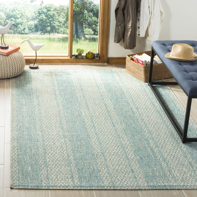 Atwells Hooked Light Grey/Aqua Indoor/Outdoor Rug, Rectangle 61 x 109 cm