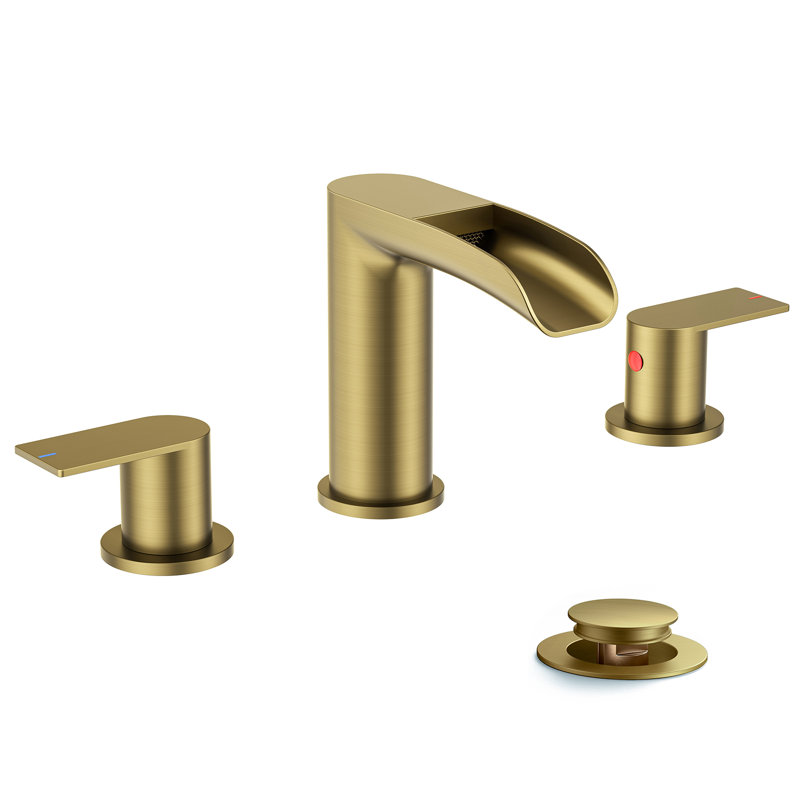 Bathroom Sink Faucet, Waterfall Bathroom Faucet Widespread 8 Inch 3 Hole With Pop-up Drain And Water Supply, Brushed Gold
