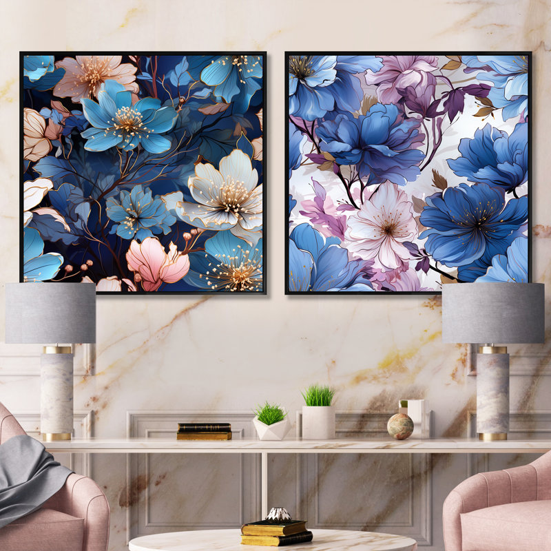 Artrip - Ensemble de 2 collages floraux carrés, Cadre flottant noir, H 16 po x l 33 po