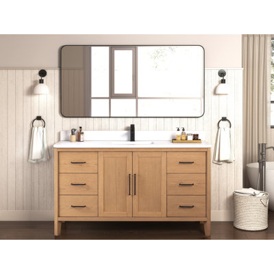 Meuble-lavabo autoportant Tennant Brand de style moderne du milieu du siècle, 60 pouces, couleur chêne brun chaud, lavabo simple, comptoir en quartz blanc, entièrement assemblé