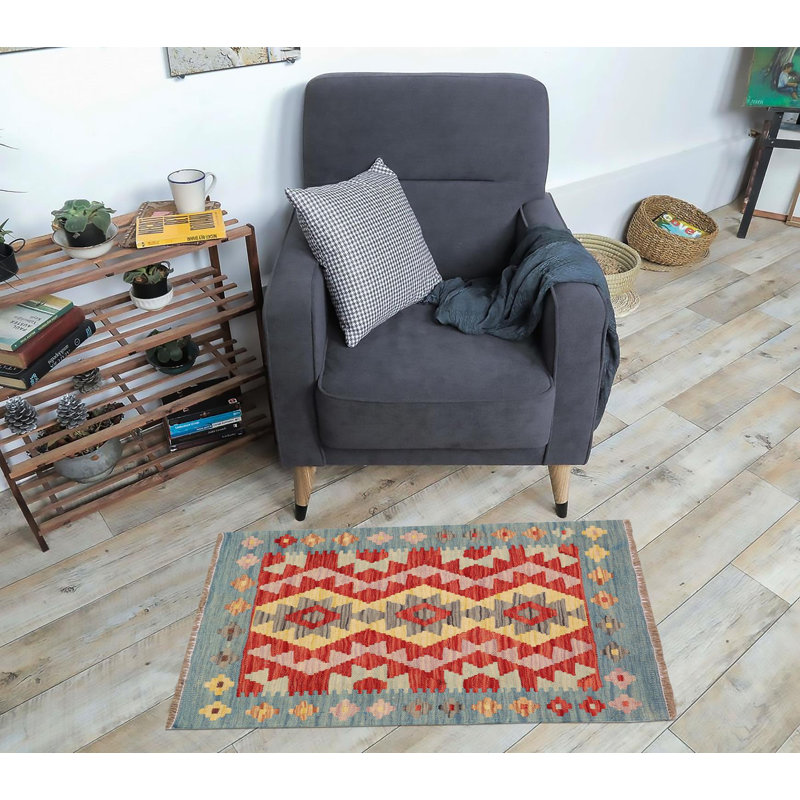 Tapis rouge / bleu / doré à motif géométrique en laine tissé à plat Rectangle 2 pi 2 po x 2 pi 5 po Sansome