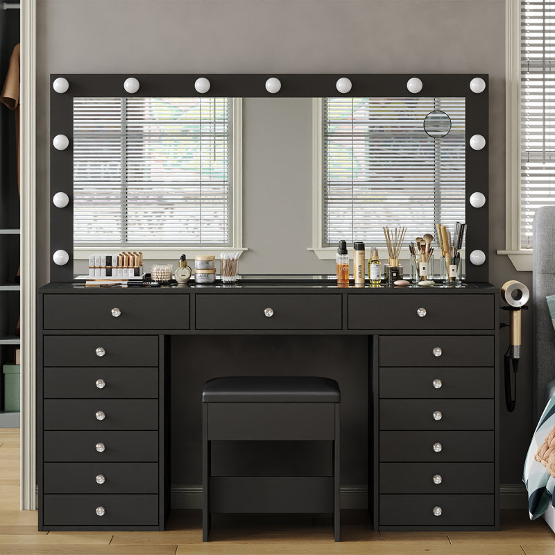 Bureau de coiffeuse 15 tiroirs, coiffeuse de maquillage avec station de charge, coiffeuse avec miroir éclairé, 3 modes d'éclairage, luminosité réglable, plateau en verre, coiffeuse avec fauteuil