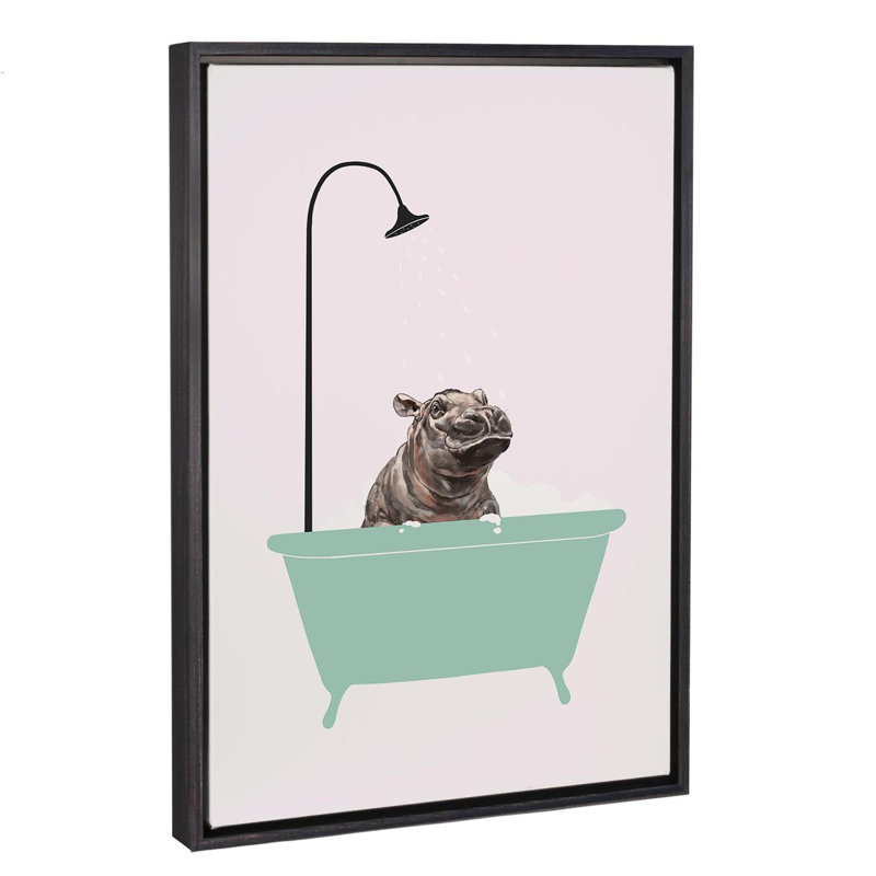Hippopotame dans une baignoire, art encadré, H 26 po x l 18 po x P 1,5 po, Toile avec cadre noir patiné