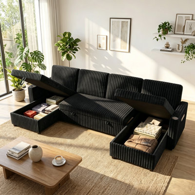 110.63" Convertible Sleeper Sectional Sofa with Pull-Out Bed & Dual Storage Chaise, U-Shaped Couch for Living Room Apartment