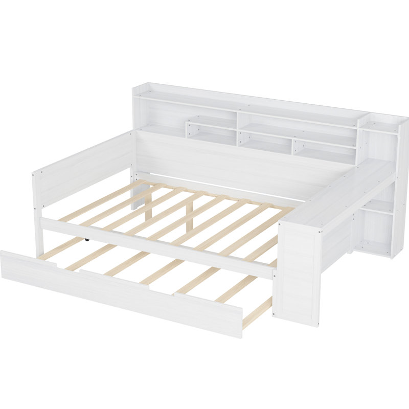 Lit de jour blanc antique avec espace de rangement, lit gigogne simple, lit bureau double avec tablettes en bois, Lit double
