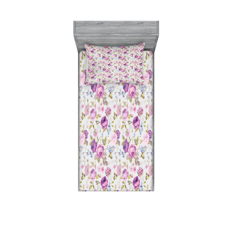 Drap-housse et coussin décoratif floral Ambesonne Lilas vert pâle / bleu, Twin Sheet Set + 3 Additional Pieces