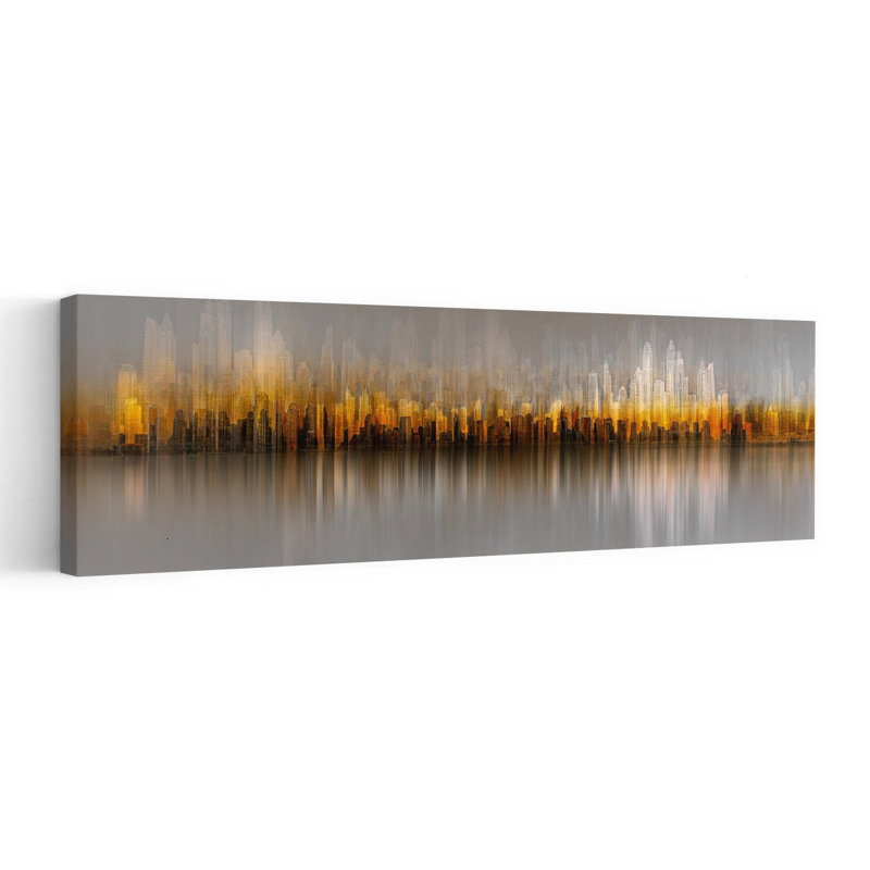 «Golden Cityscape Reflection Abstract Modern Serene City Landscape», art mural, H 60 po x l 20 po