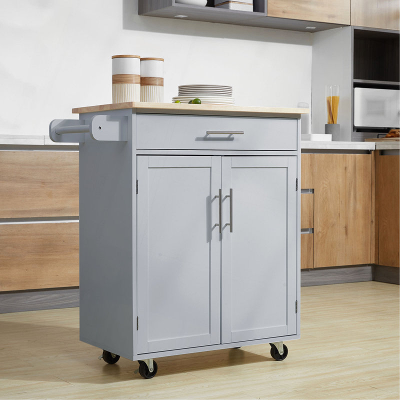 Îlot de cuisine avec chariot, tiroir, armoire de rangement et porte-serviettes, Gris
