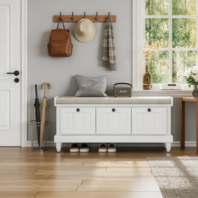 Banc à chaussures classique cannelé avec coussin et 3 tiroirs, banc de rangement pour le salon, l'entrée et les couloirs - blanc