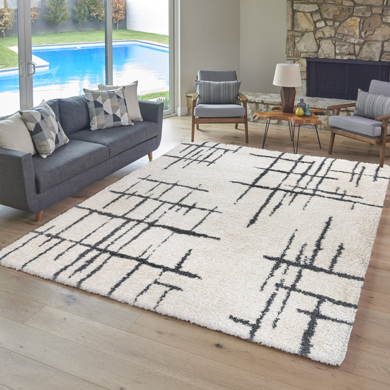  Ultimate Shag Modern Abstract Lines Ivory Black Polypropylene Thick Plush Shag Area Rug, Rectangle 5'3" x 7'5"