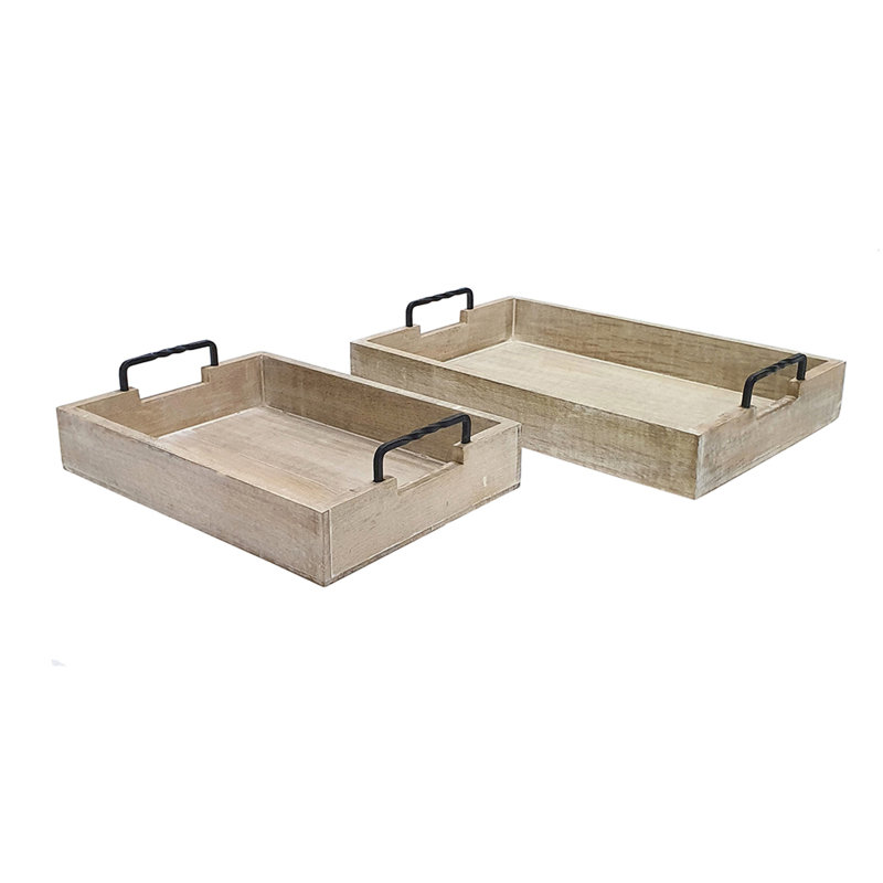 Ensemble de 2 plateaux rustiques, poignées en fer noir, beige naturel
