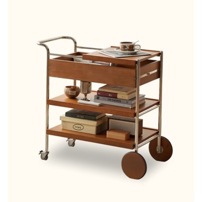 Mid Century Rubberwood Rolling Side Utility Cart