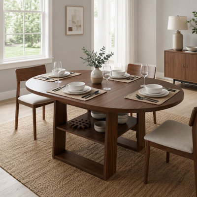 43.3"-59" Extendable Round Dining Table For 4-6, Round-To-Oval Kitchen Table With Built-In Flip-Up Extension Leaf, Stable H-Shaped Base And Storage Shelf