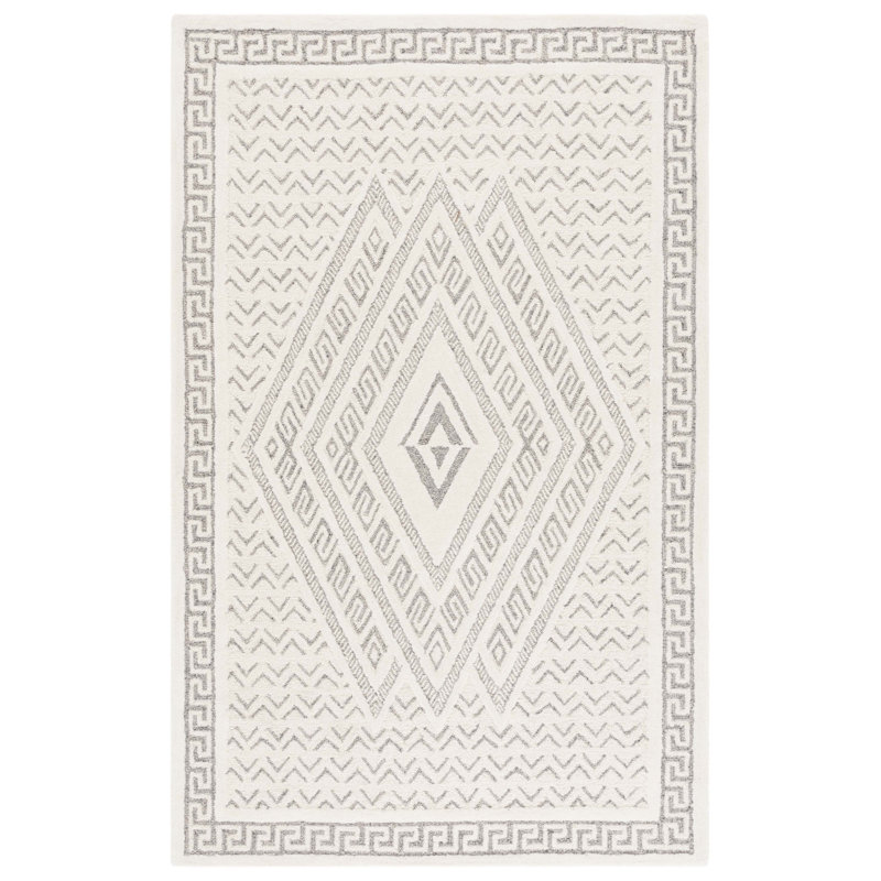 Mykonos 502 Hand Tufted Wool/Cotton Geometric Rug in Ivory/Gray, Rectangle 5' x 8'